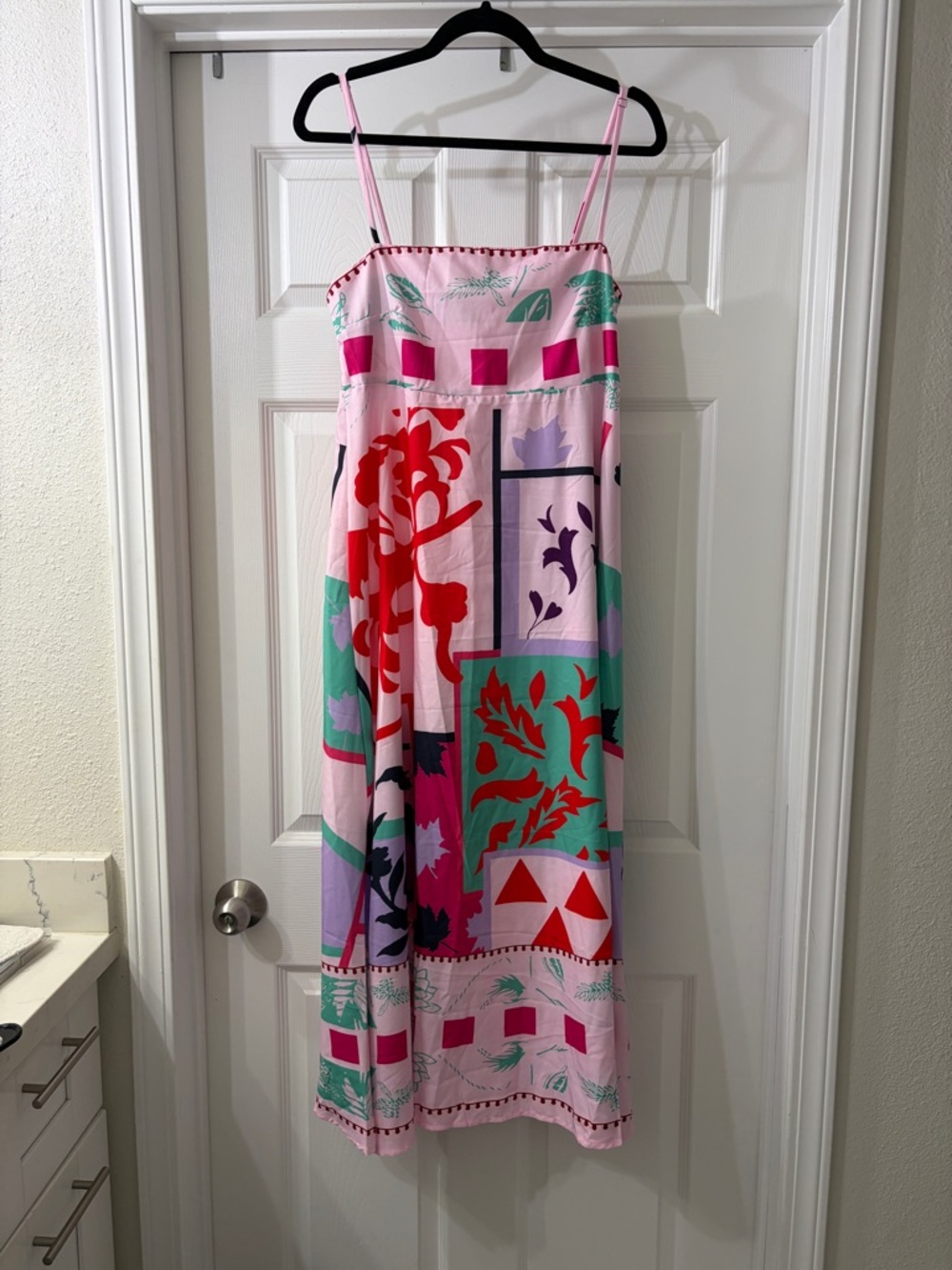 Brand New Pink Multi-Color Patchwork Maxi Spaghetti Strap Sundress